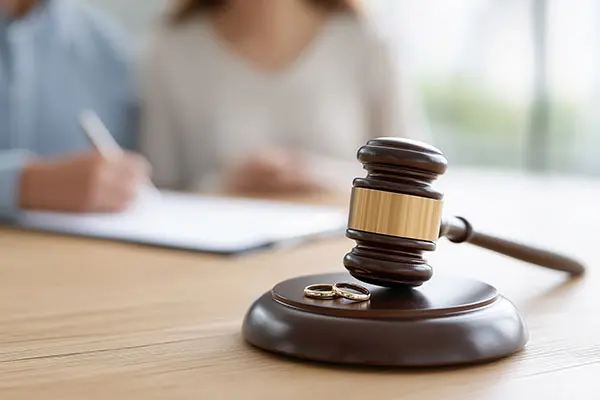 unhappy couple signing divorce papers in court with gavel and wedding rings