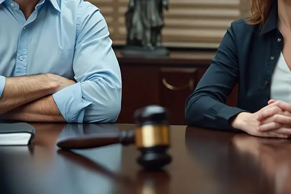 man and woman sitting at table with a gavel between them