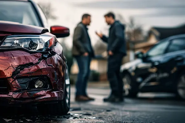 two individuals engaged in a serious discussion following a car collision